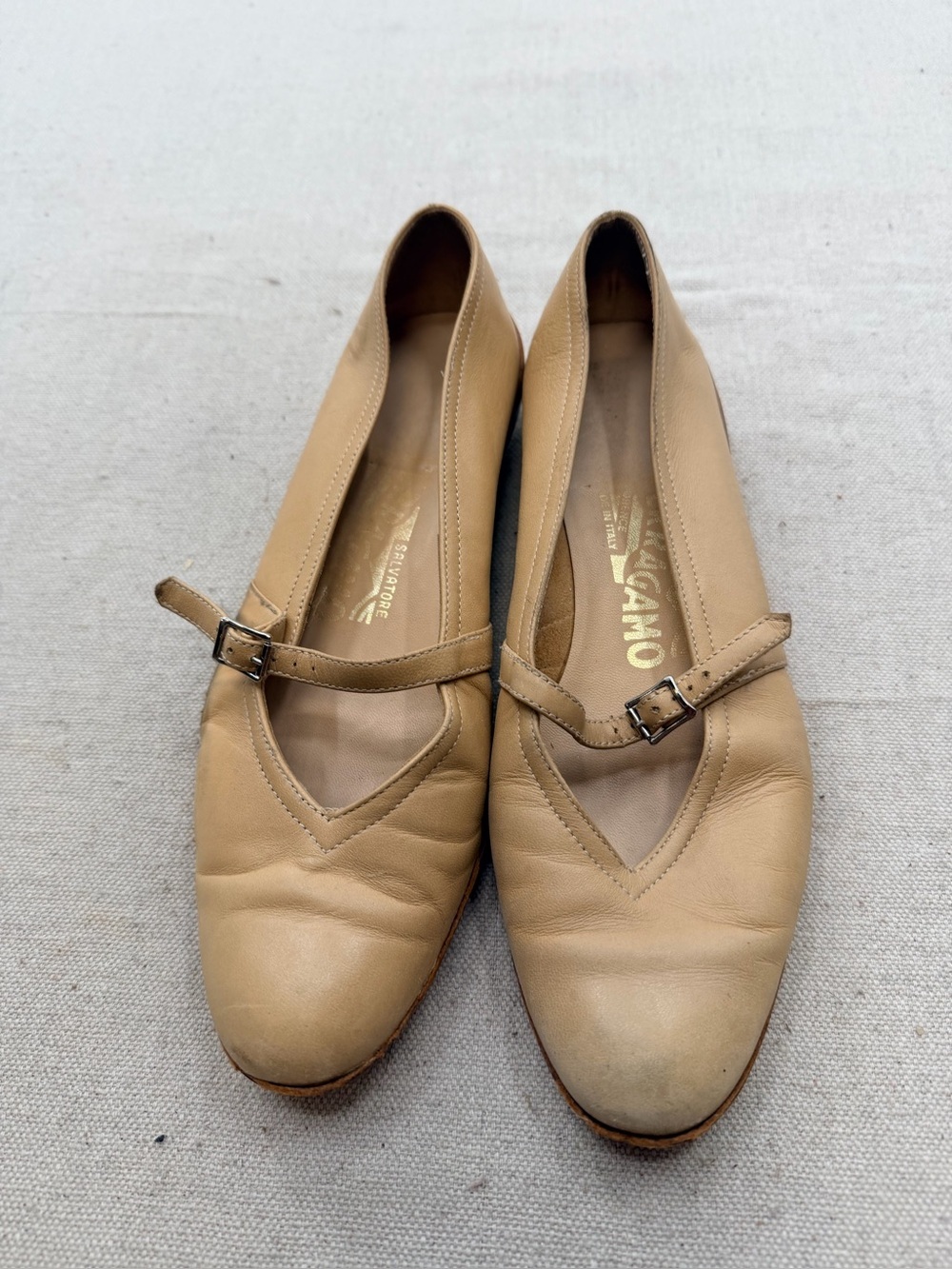 Salvatore Ferragamo Beige Leather Mary Jane Flats